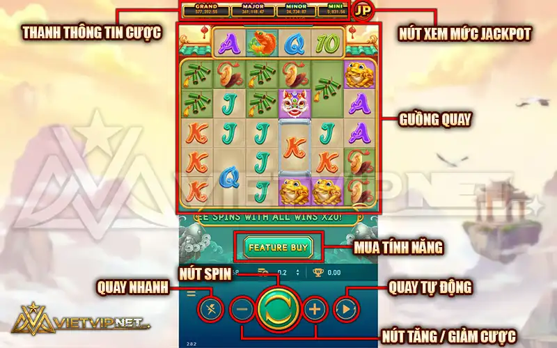 Vị trí nút đặt trong game Caishen Fortunes